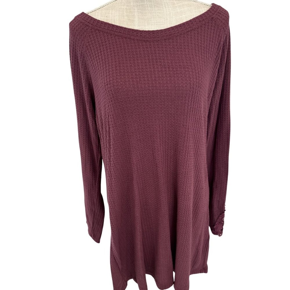 Artisan NY Womens Burgundy Waffle Knit Tunic With Crochet Sleeve Accents size XL